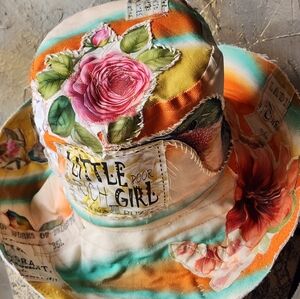 Tophat Stovepipe Boho Hat Upcycle Bird Rose Patched European Cotton Raw Cottage